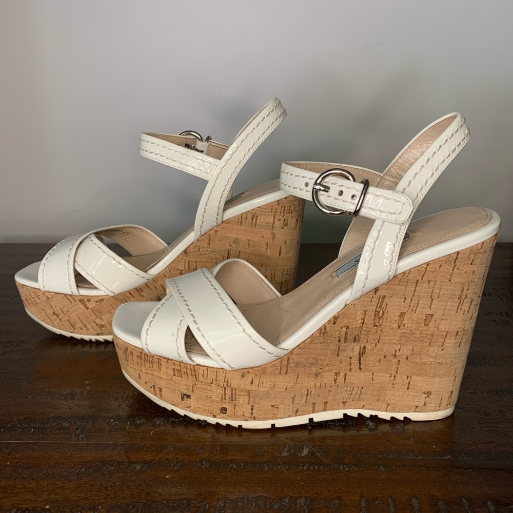 Prada White Wedge Sandals with Crisscross Straps Size 8.5 - Picture 5 of 10